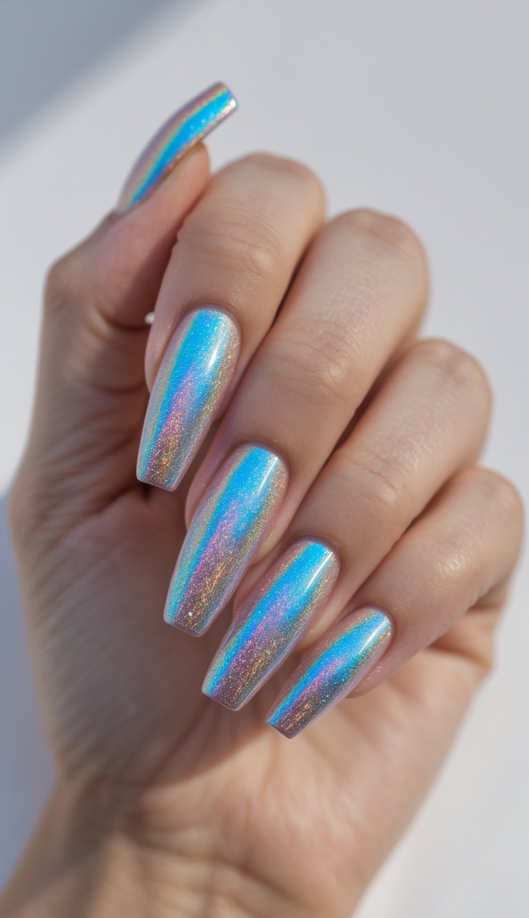 Close-up of one hand showing coffin-shaped nails with holographic nail polish on a white background.