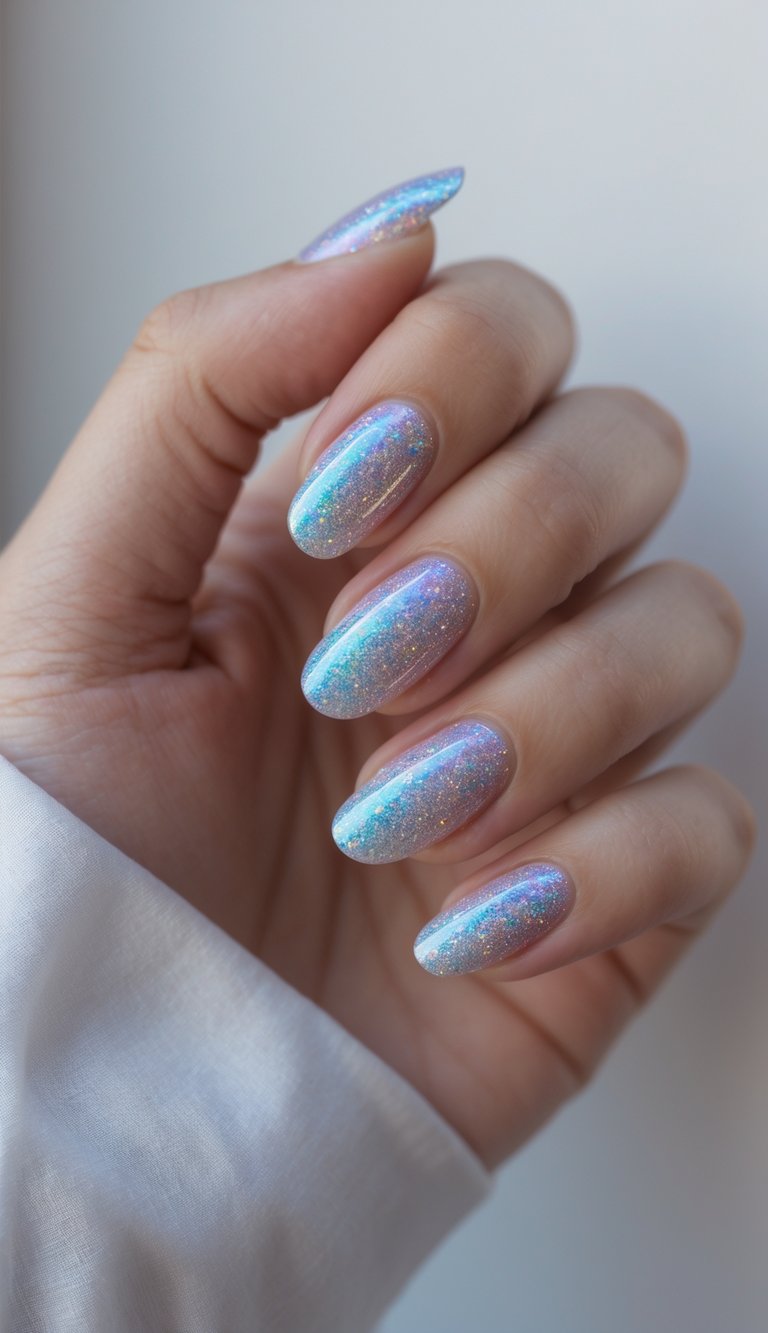 Close-up of one hand with shiny holographic nails featuring color-shifting glitter against a white background.