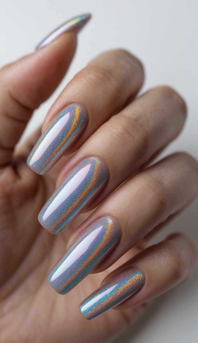 Close-up of one hand with glossy holographic nails decorated with striped nail art against a white background.