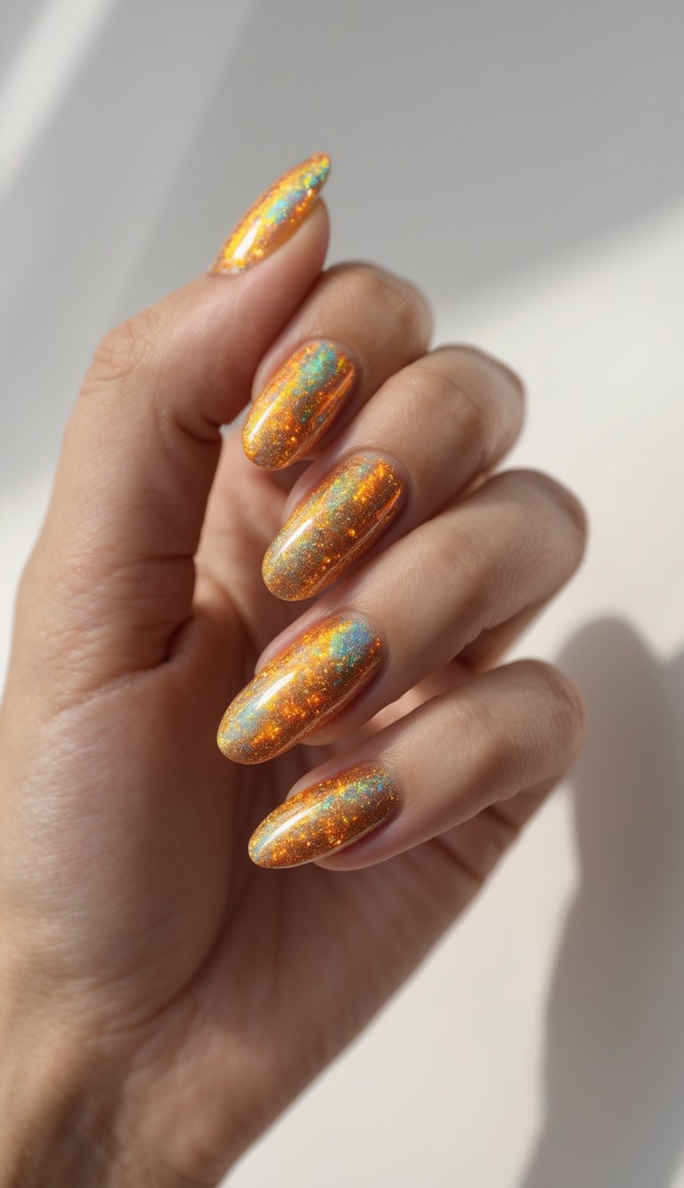 Close-up of a single hand with orange and gold holographic nails against a white background.