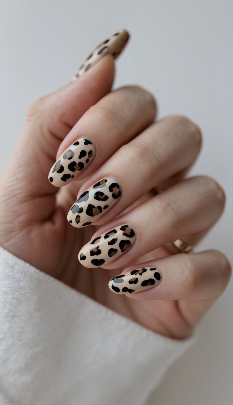 Close-up of one hand with nails painted in classic leopard spots animal print on a white background.