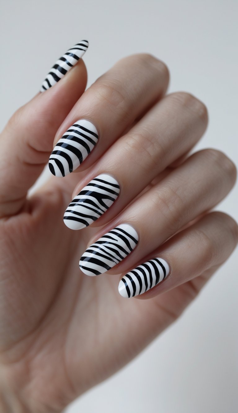 Close-up of one hand with manicured nails featuring black and white zebra stripe nail art on a white background.