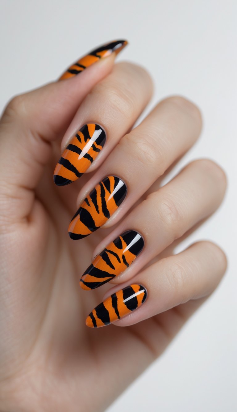 Close-up of one hand showing nails painted with bold tiger stripe patterns on a white background.