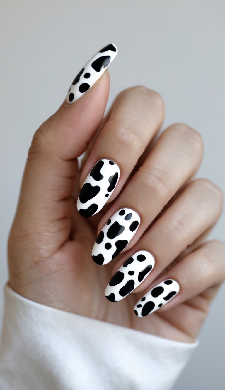 Close-up of one hand with black and white cow print nail art on all nails against a white background.