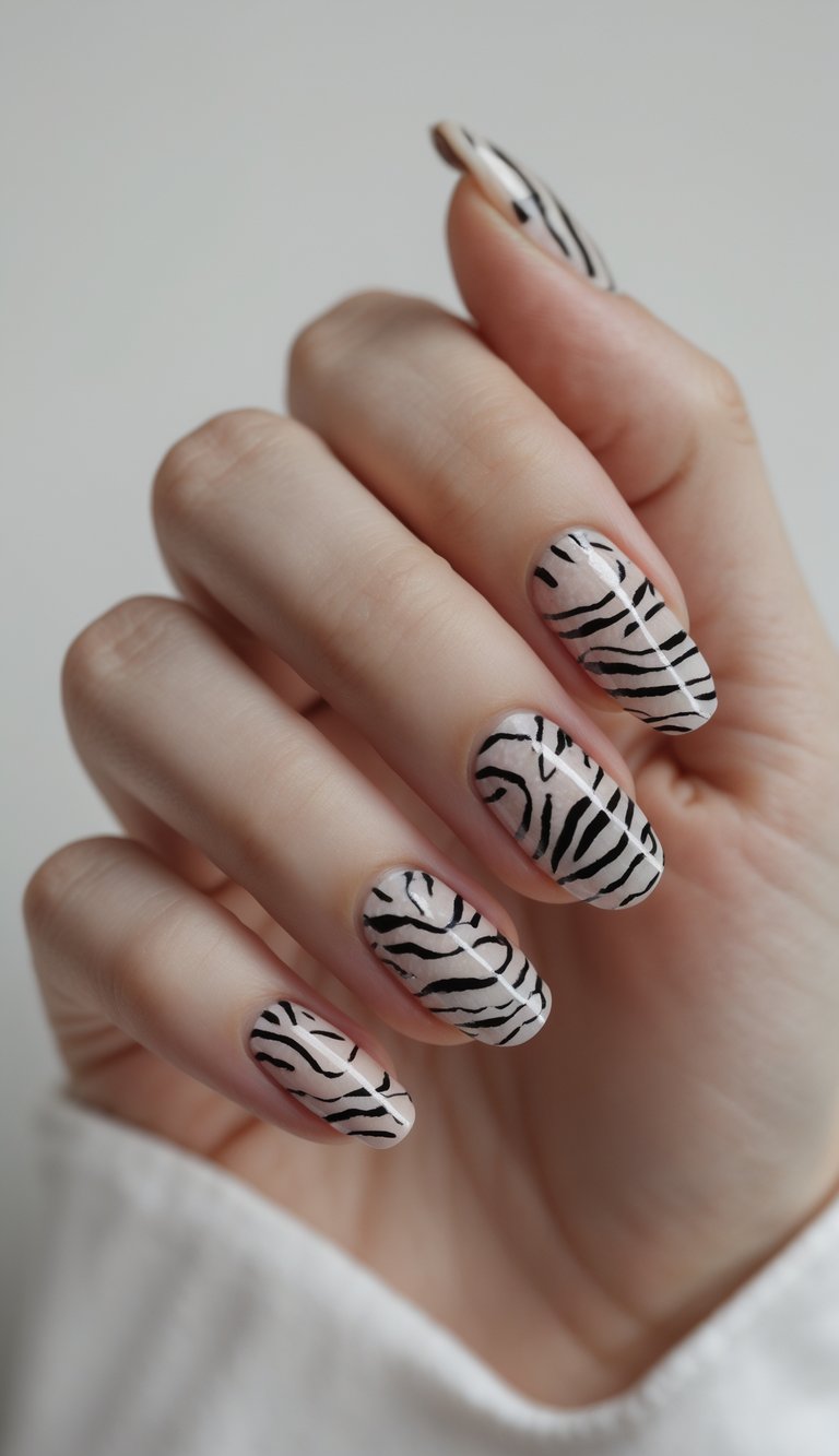 Close-up of one hand with detailed animal print nail art on a white background.