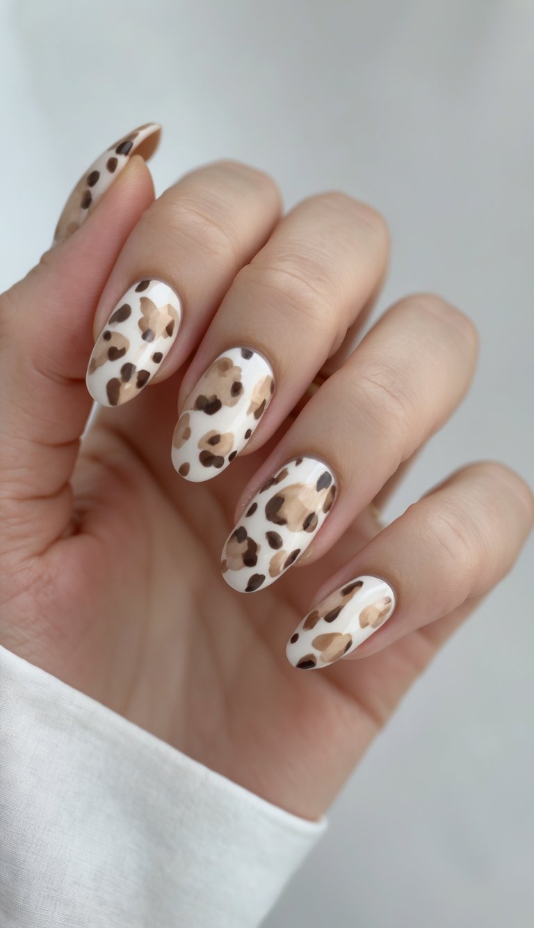Close-up of one hand showing nails painted with watercolor leopard print designs against a white background.