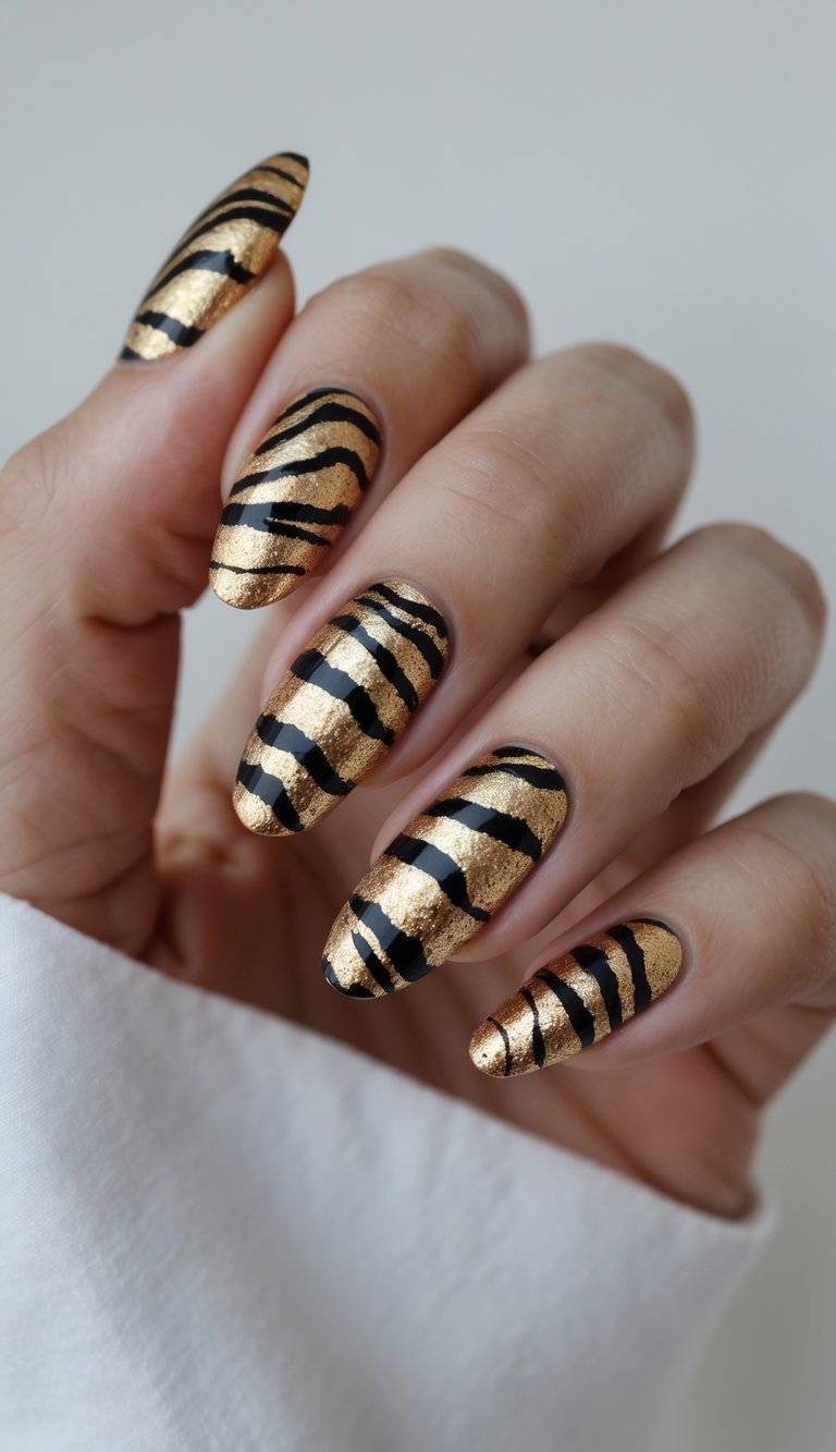 Close-up of one hand with metallic tiger stripe nail art on a white background.