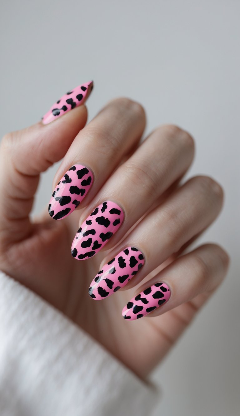 Close-up of one hand with nails painted in pink and black cheetah print design against a white background.