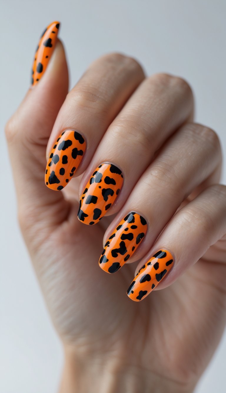 Close-up of one hand with orange and black cheetah print nail art against a white background.