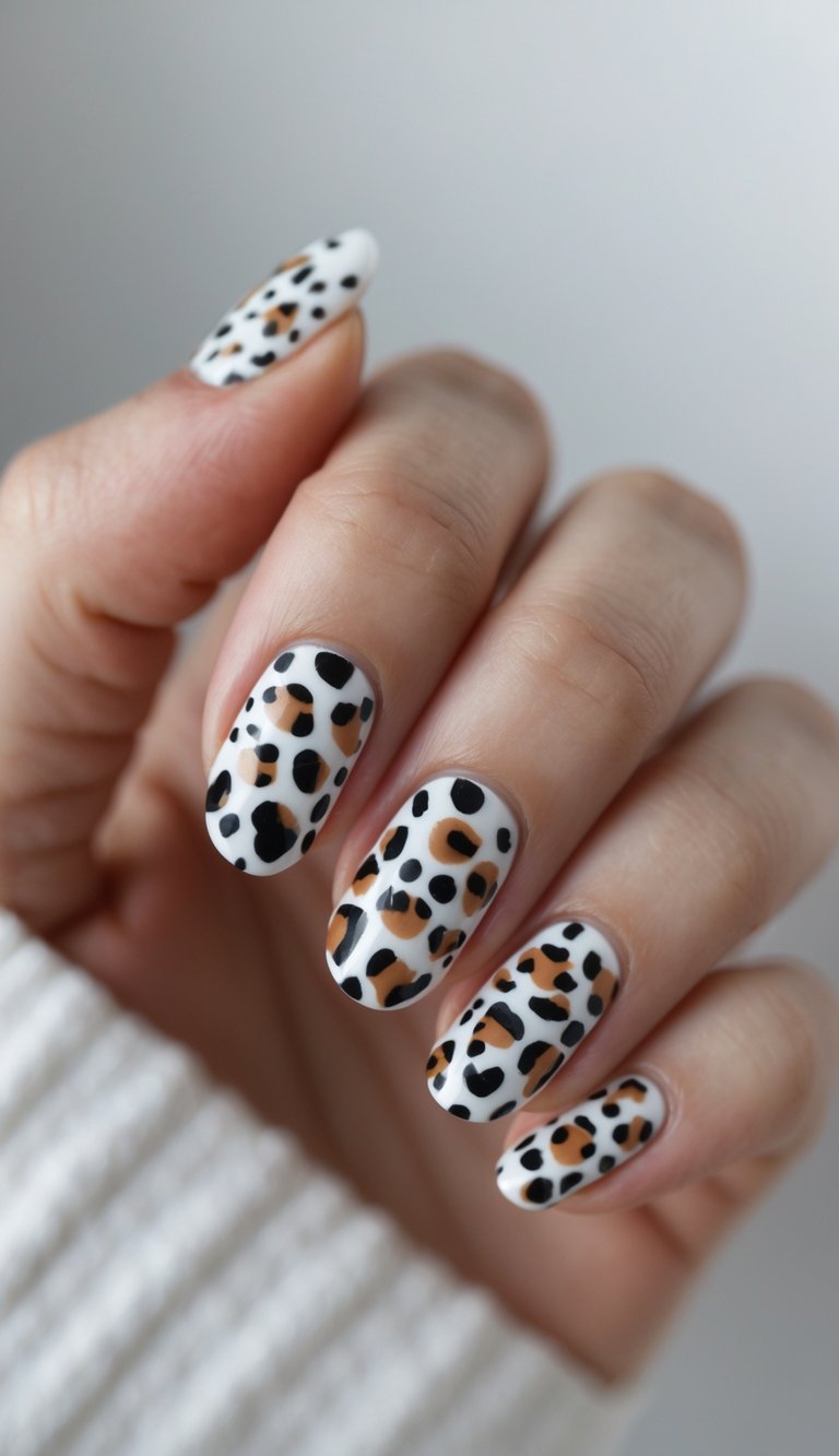 Close-up of one hand with nails painted in polka dot and animal print designs against a white background.