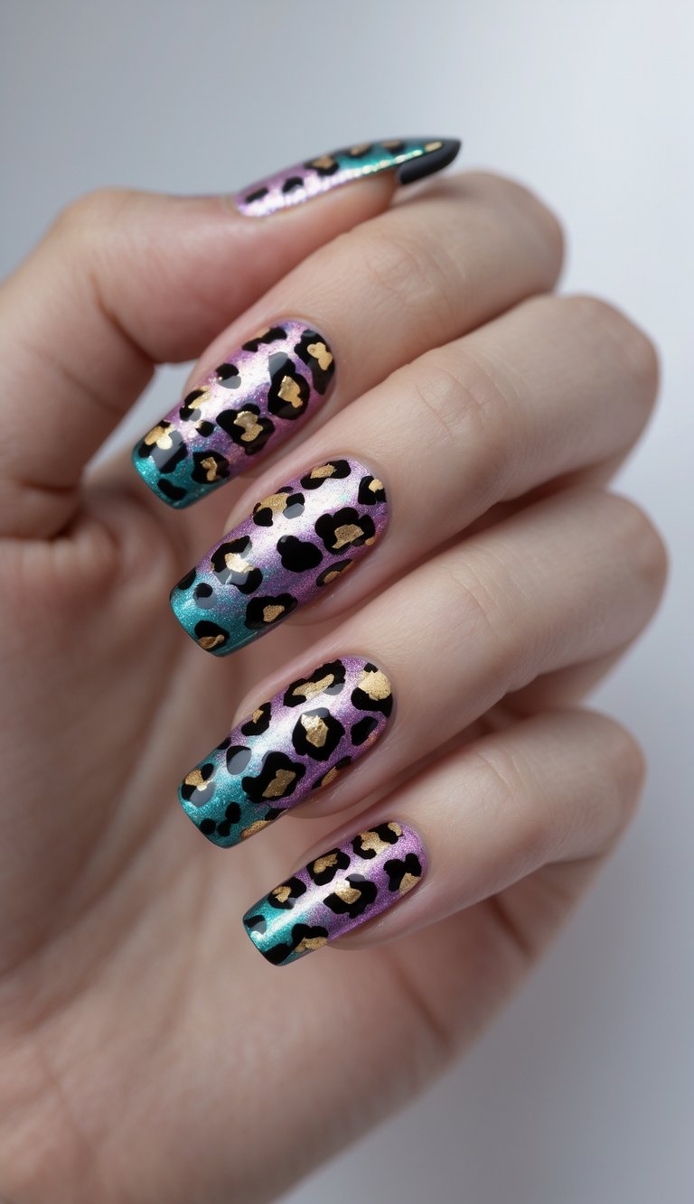 Close-up of a single hand with medium-length nails painted in purple and teal duo-chrome polish with black and gold leopard spots on a white background.
