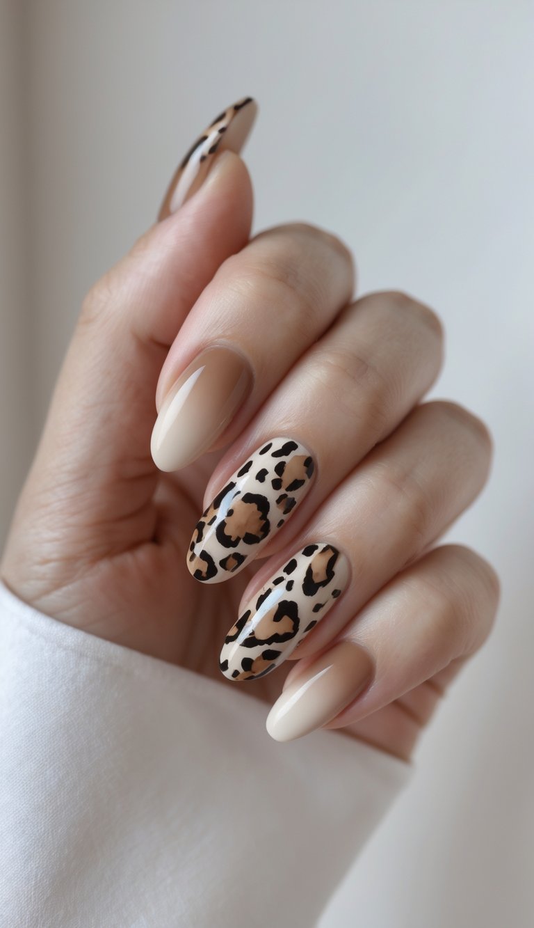 Close-up of one hand with ombre animal print nail art on a white background.