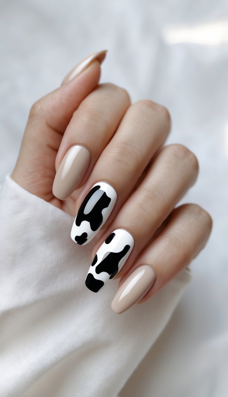Close-up of one hand with manicured nails, featuring a black and white cow print accent nail and neutral solid-colored nails against a white background.