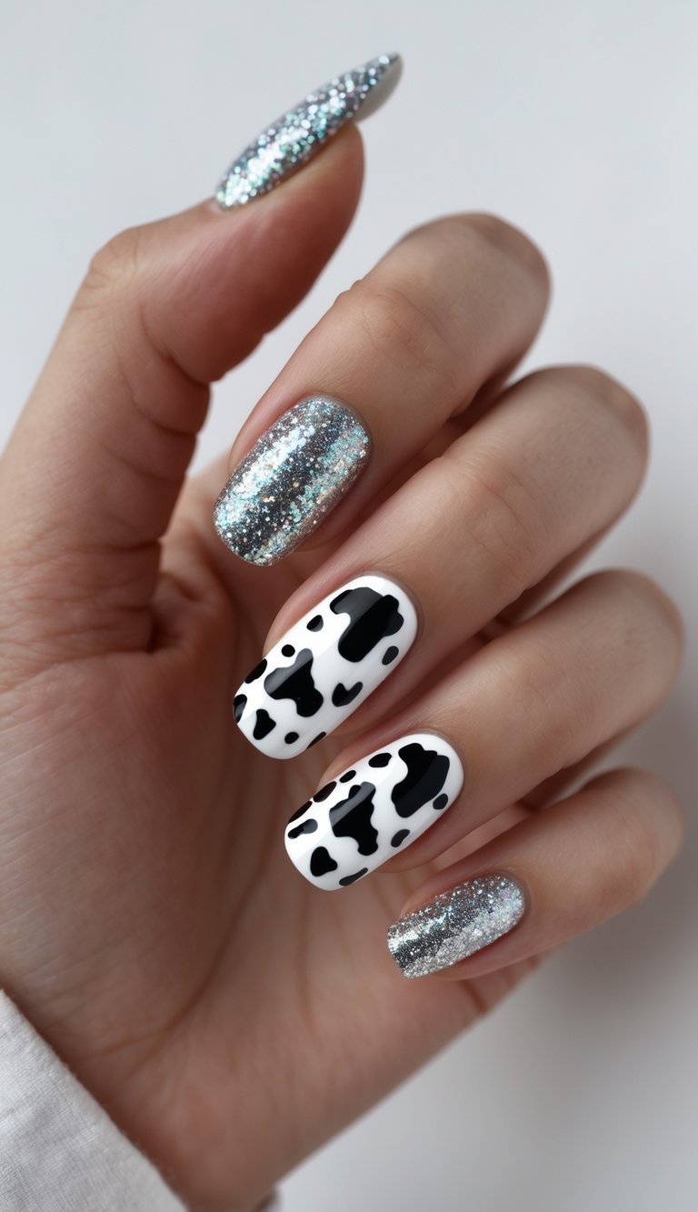 Close-up of a single hand showing glittery black and white cow print nail art on manicured nails against a white background.