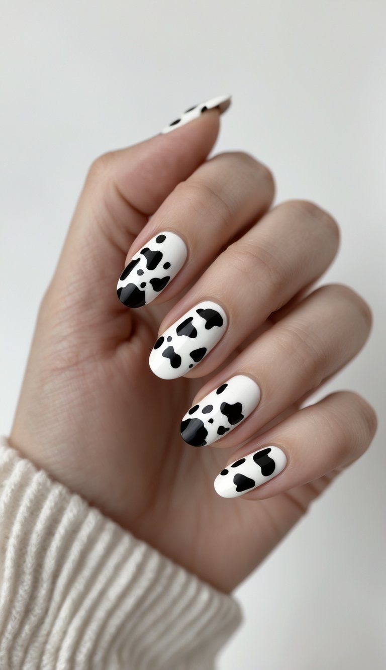 Close-up of one hand showing nails with black and white half-moon cow print nail art against a white background.