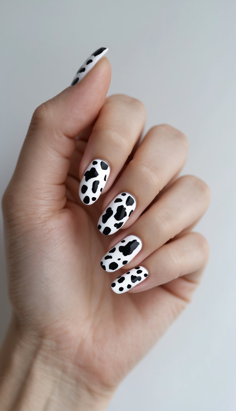 Close-up of one hand with nails painted in diagonal black and white cow print stripes against a white background.