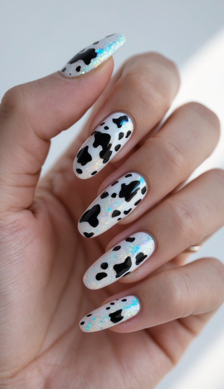 Close-up of one hand showing nails painted with black and white cow print and holographic flakes on a white background.