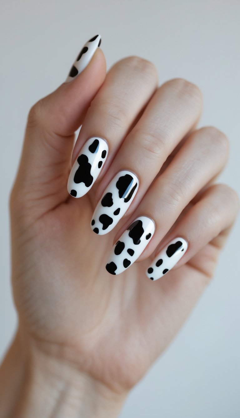 Close-up of a single hand with nails painted in black and white cow print design against a white background.