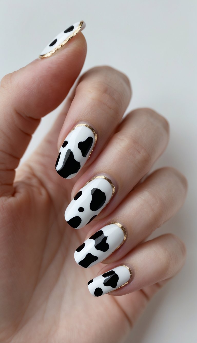 Close-up of one hand with nails painted in black and white cow print outlined with thin gold lines against a white background.