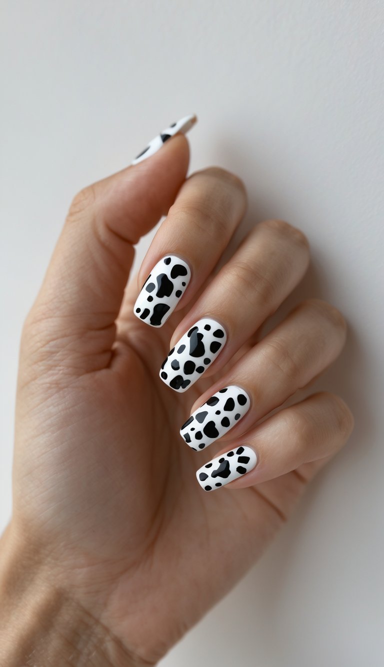 Close-up of one hand with square nails painted in a black and white cow print pattern against a white background.