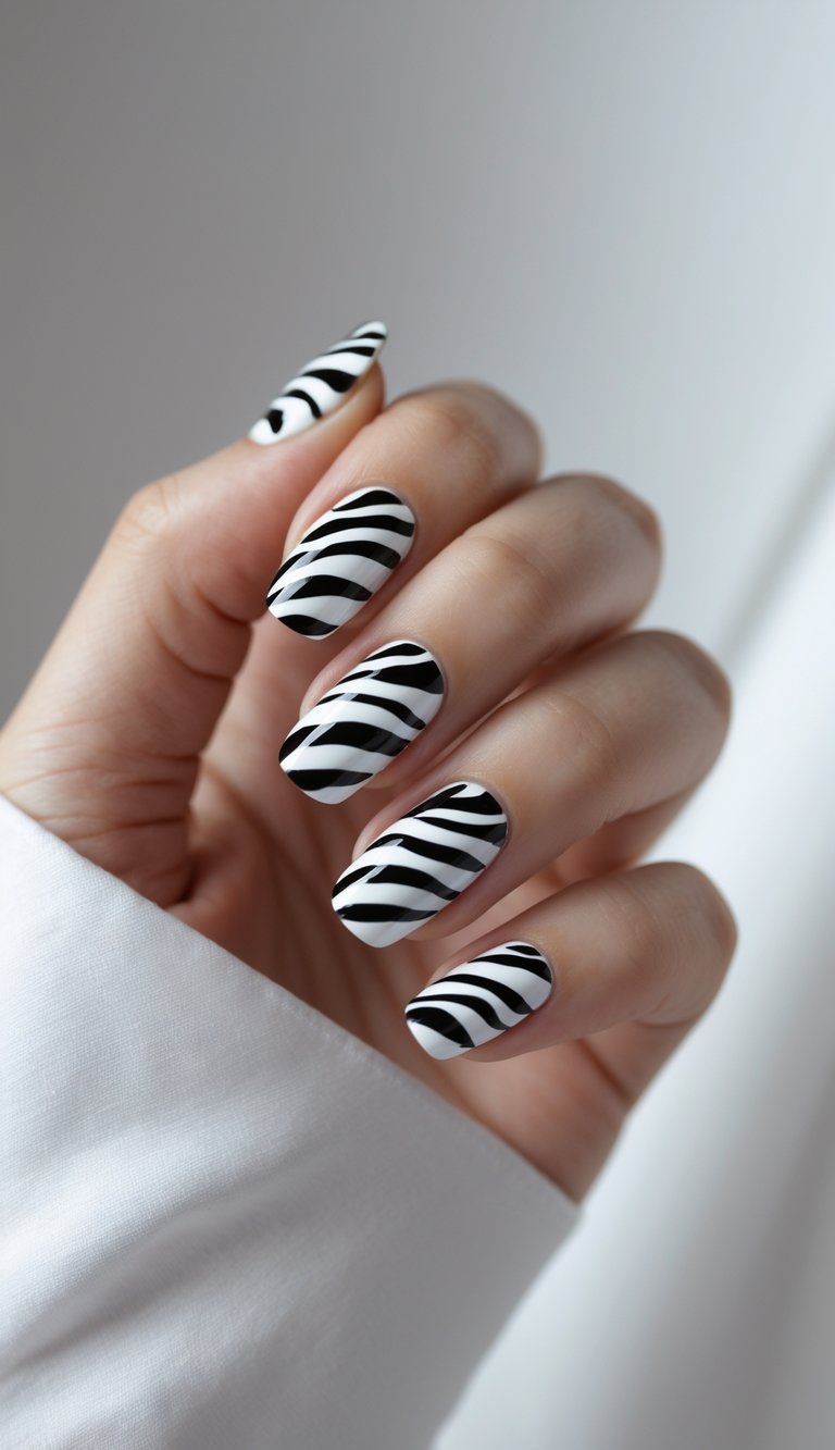 Close-up of one hand showing black and white zebra stripe nail art on manicured nails against a white background.
