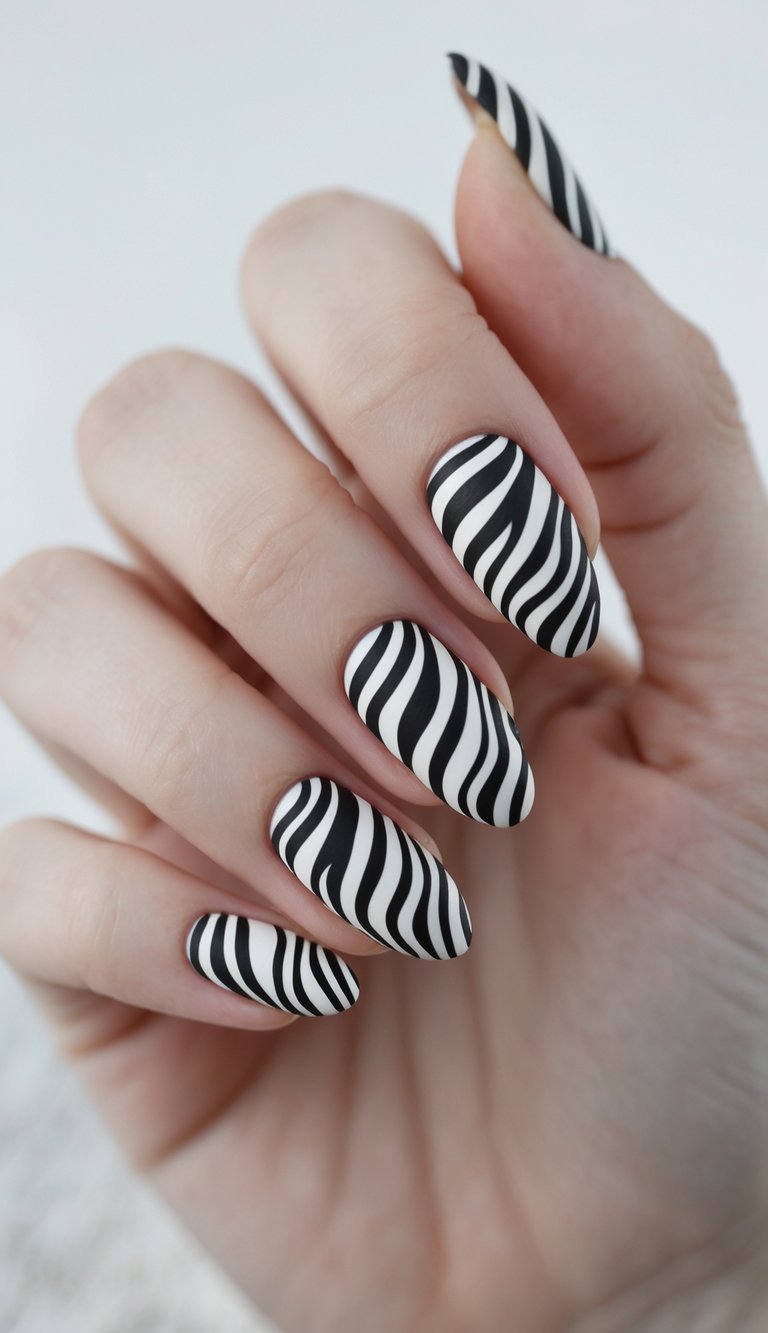 Close-up of one hand showing nails painted with black and white zebra pattern on a white background.