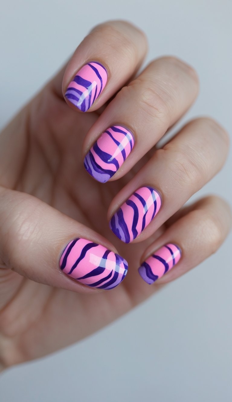 Close-up of one hand showing pink and purple zebra print nail art on manicured nails against a white background.
