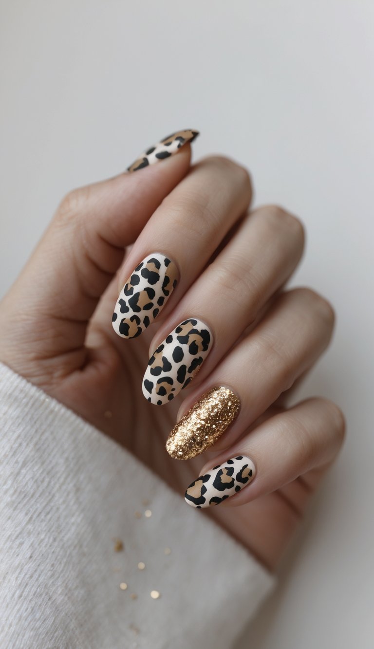 Close-up of a hand showing nails with matte leopard print and gold glitter accents against a white background.