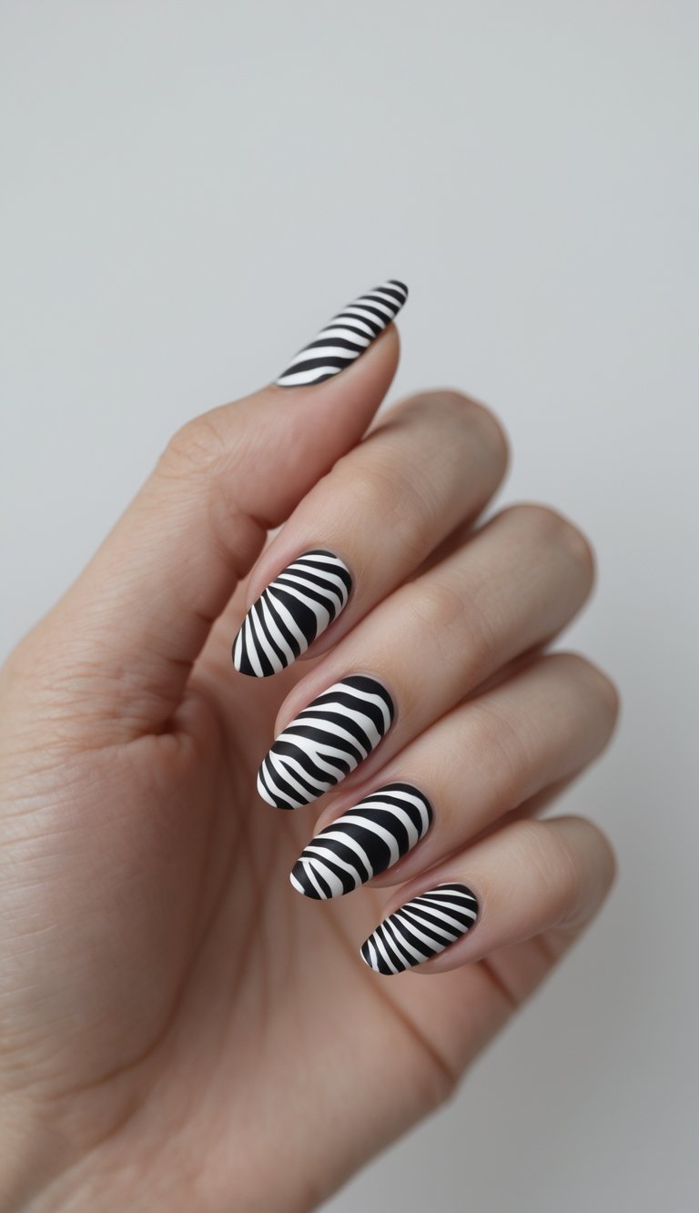 Close-up of one hand showing nails painted with black and white zebra stripes on a white background.