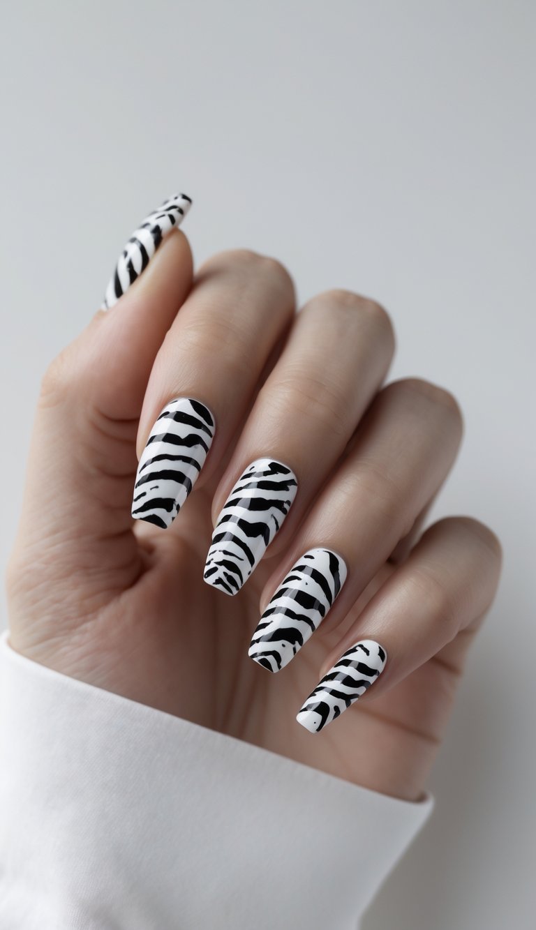 Close-up of one hand showing coffin-shaped nails with black and white zebra print nail art against a white background.
