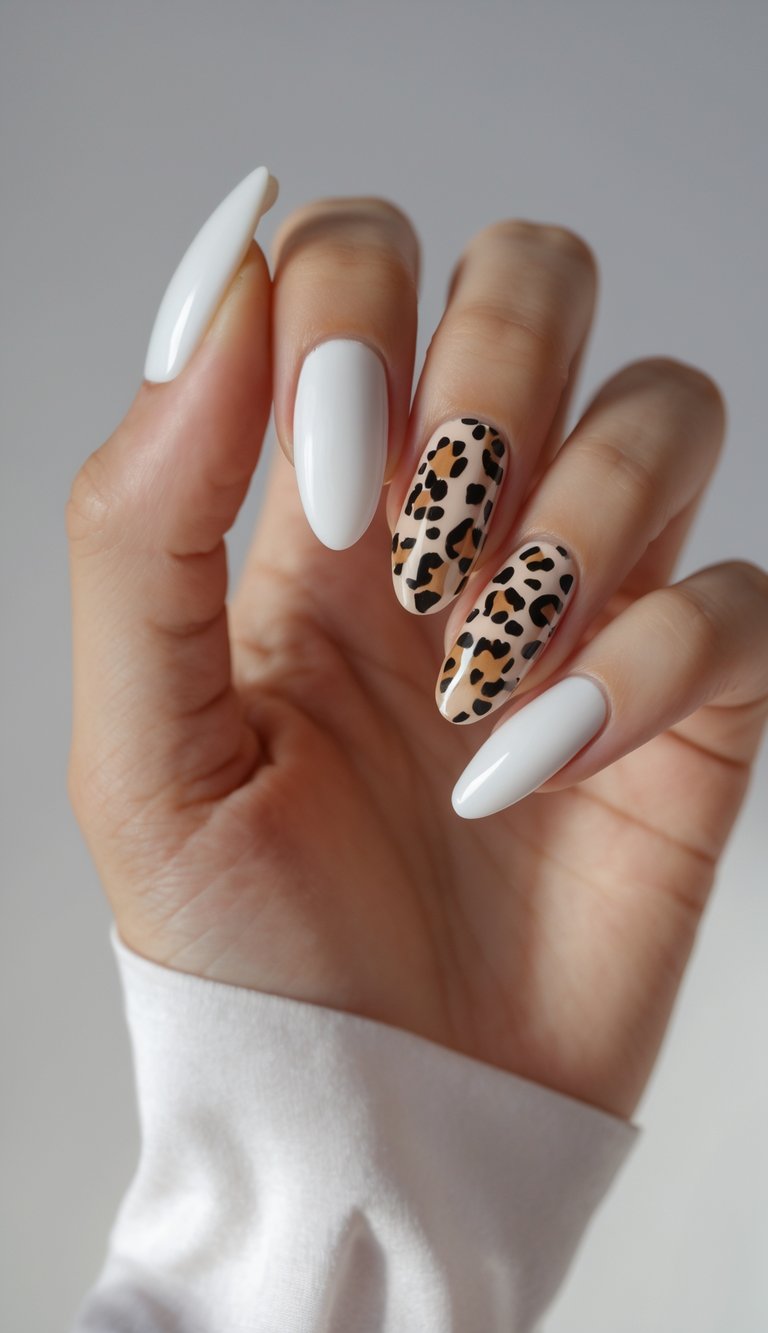 Close-up of one hand showing manicured nails with a classic French manicure and one nail featuring leopard print design on a white background.