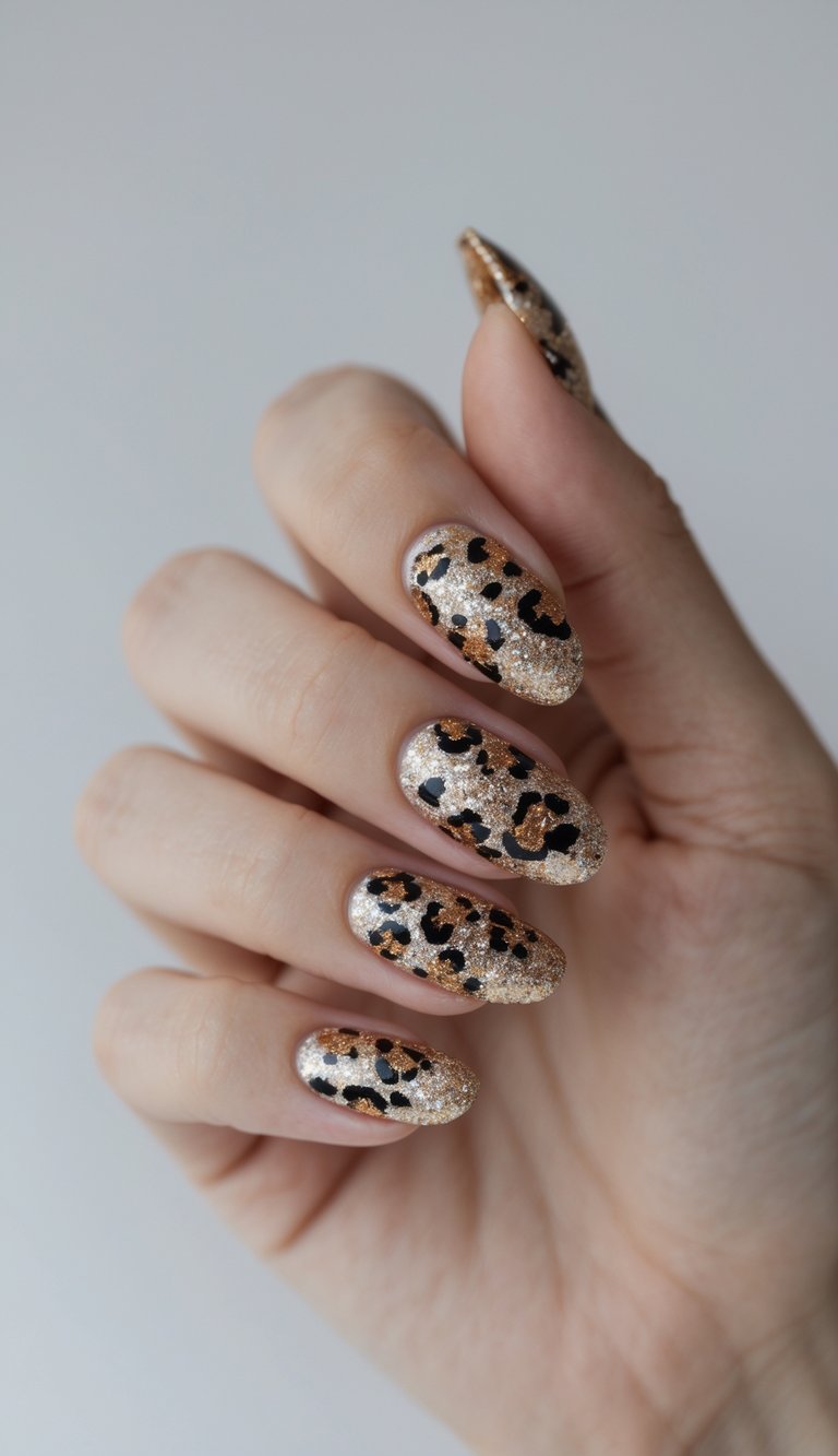 Close-up of one hand showing nails with glitter gradient and leopard print designs against a white background.