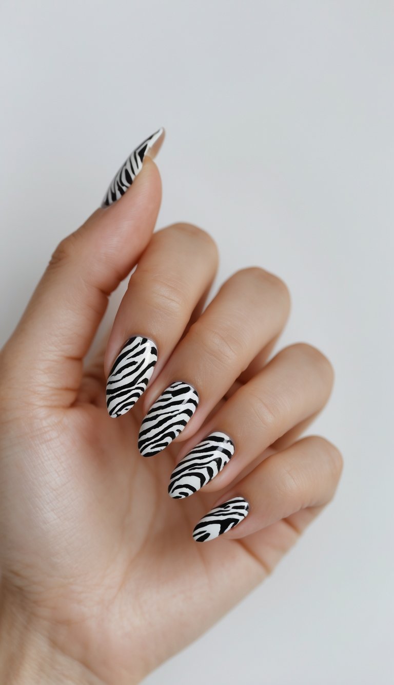 Close-up of one hand showing almond-shaped nails with black and white zebra print nail art against a white background.