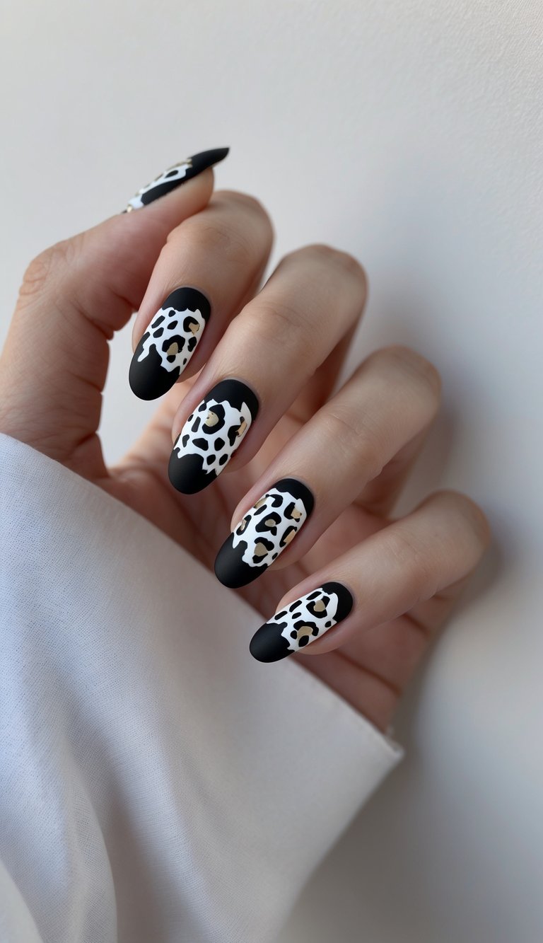 Close-up of one hand with matte black nails featuring white leopard spots on a white background.