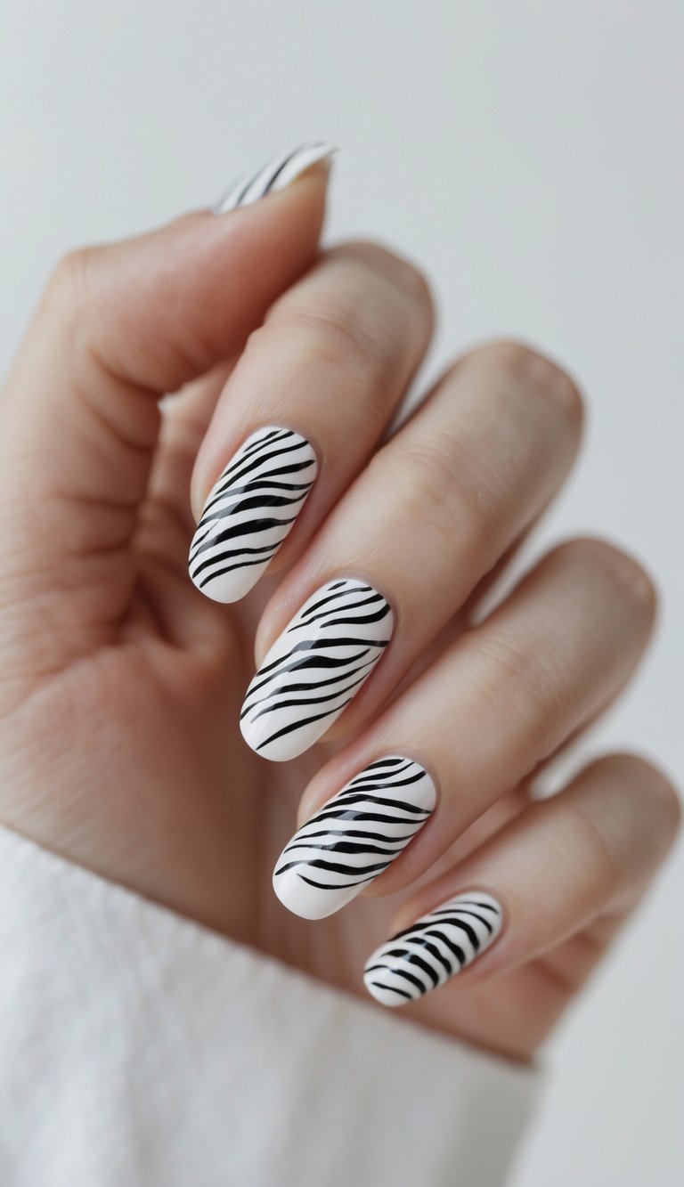 Close-up of one hand showing nails with black and white zebra print nail art against a white background.