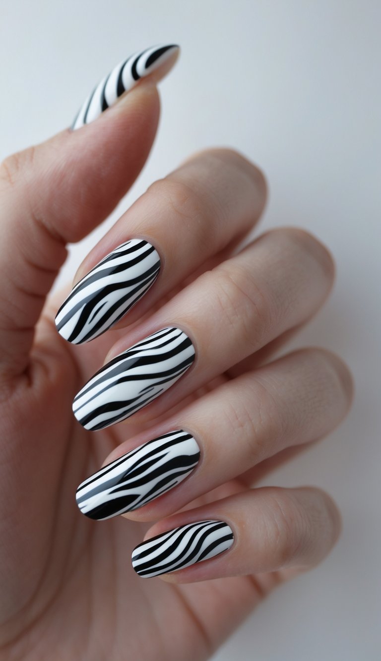 Close-up of one hand with black and white zebra print nail art on neatly manicured nails against a white background.