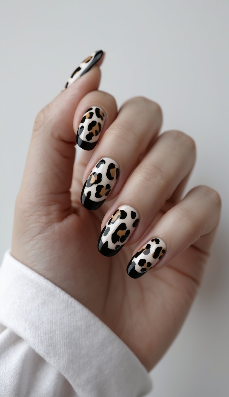Close-up of one hand with manicured nails featuring leopard print French tips with black outlines on a white background.