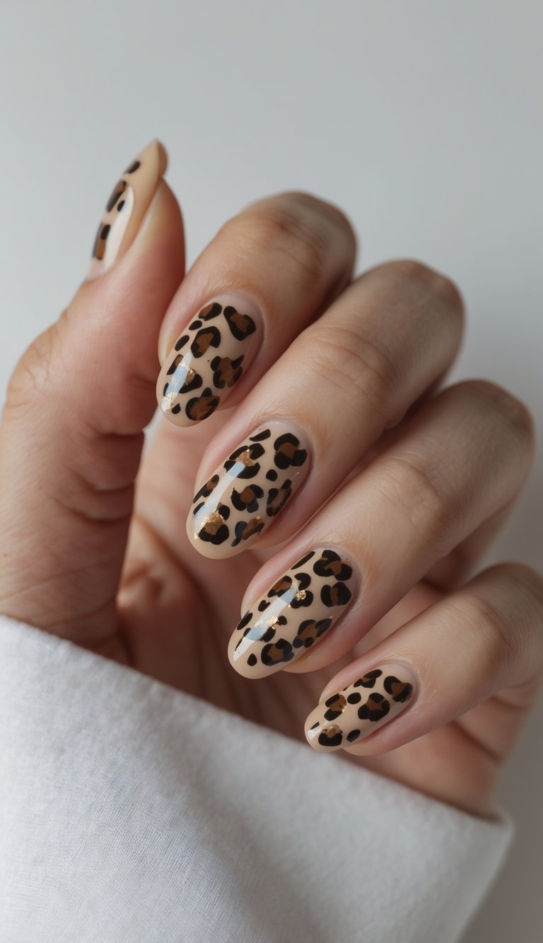 Close-up of one hand showing tan nails with dark brown leopard spots and glitter on a white background.