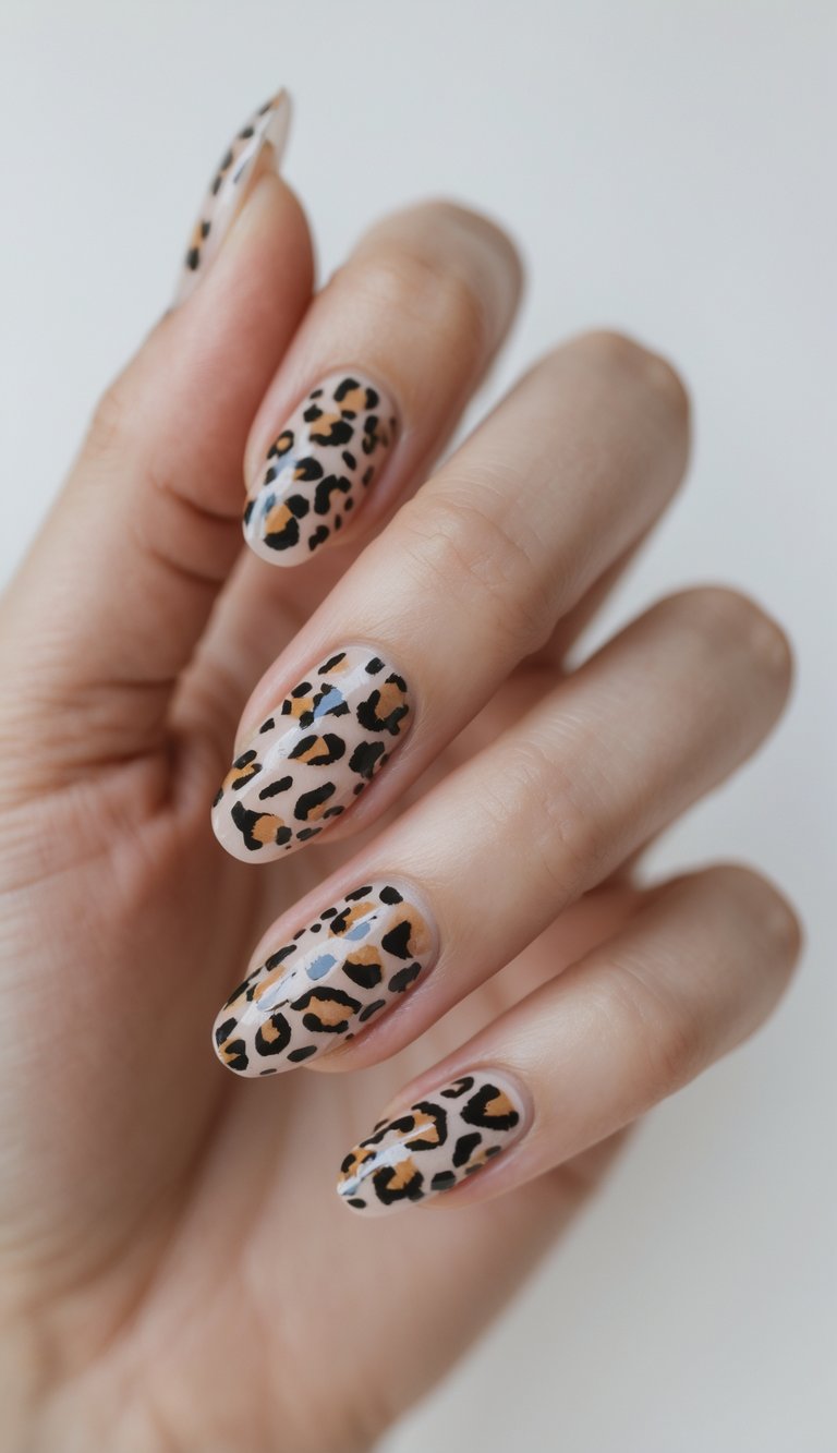 Close-up of one hand with clear polished nails showing leopard print nail art underneath against a white background.