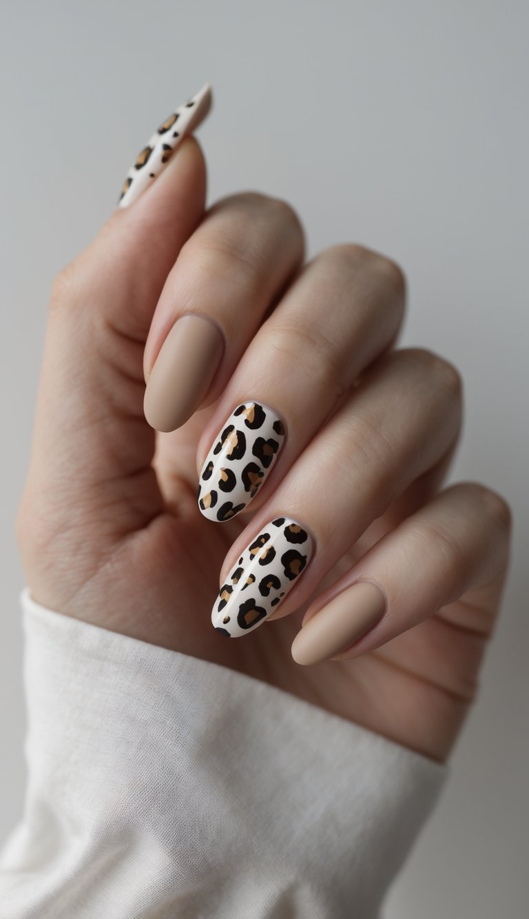 Close-up of one hand with beige nails decorated with glossy leopard spots against a white background.