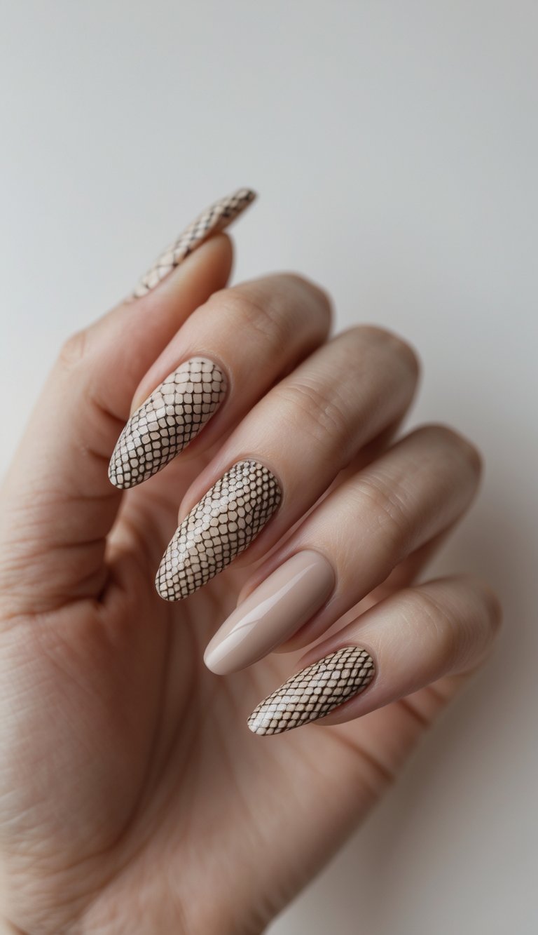 Close-up of one hand with neutral-toned snakeskin pattern nail art on manicured nails against a white background.