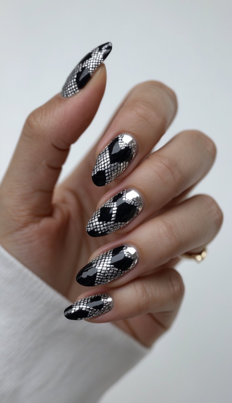 Close-up of one hand with black snake print nails and silver accents against a white background.