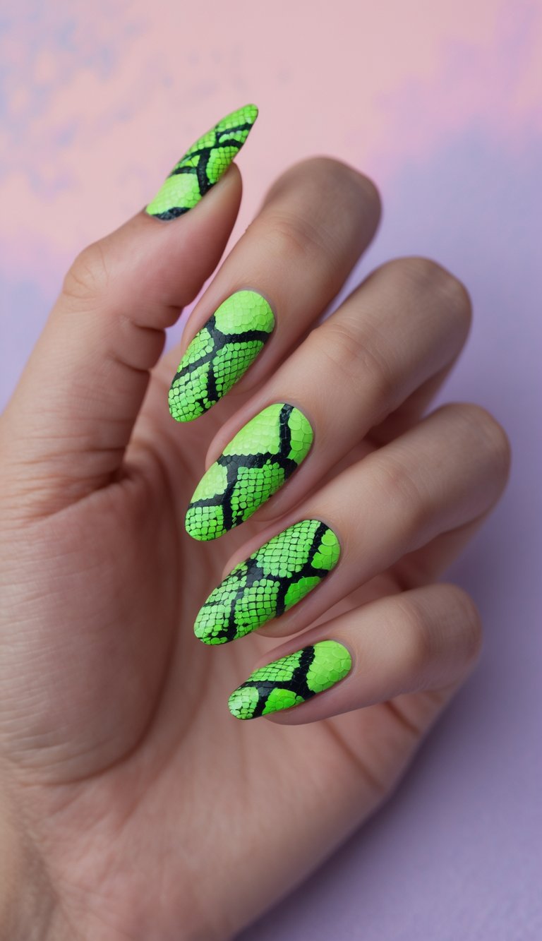 Close-up of one hand with neon green snakeskin nail art on all nails against a white background.