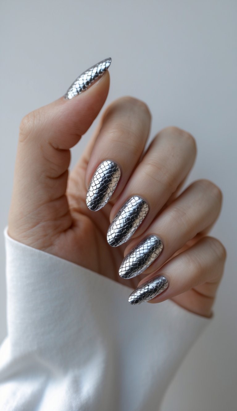 Close-up of one hand with metallic silver snake print nail art against a white background.