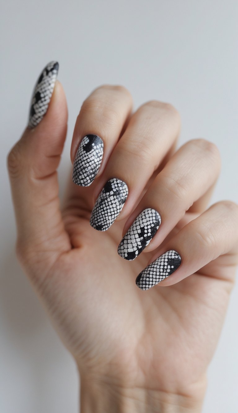 Close-up of a single hand with black matte nails featuring detailed snake print designs on a white background.