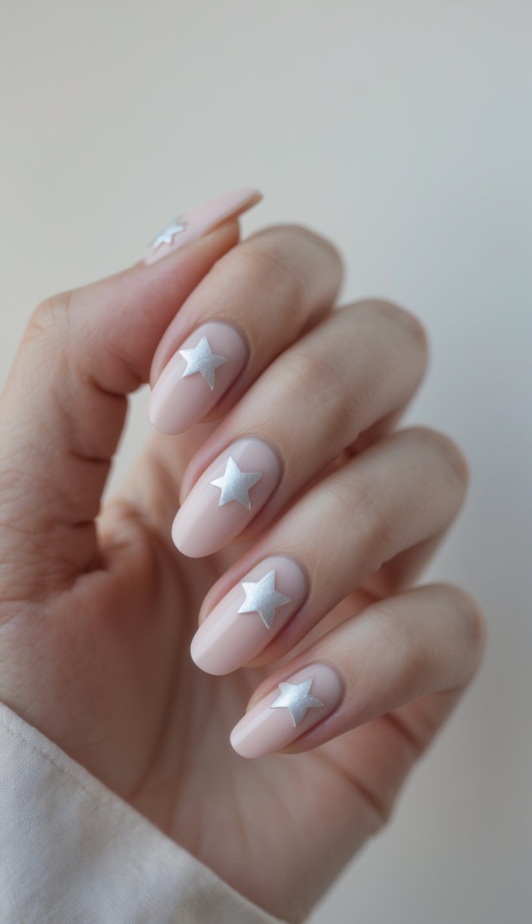 Close-up of one hand with pale pink nails decorated with small silver stars against a white background.