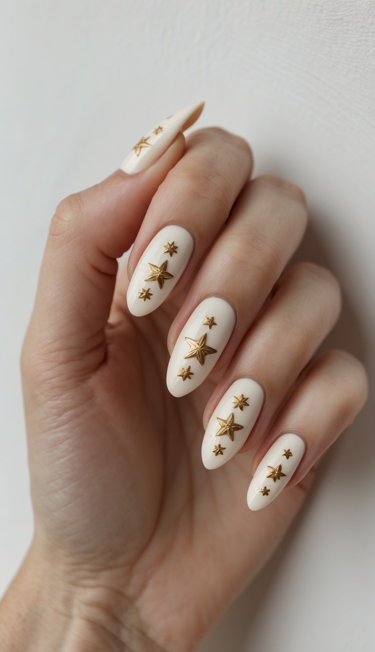 Close-up of one hand with cream-colored nails decorated with small star patterns against a white background.