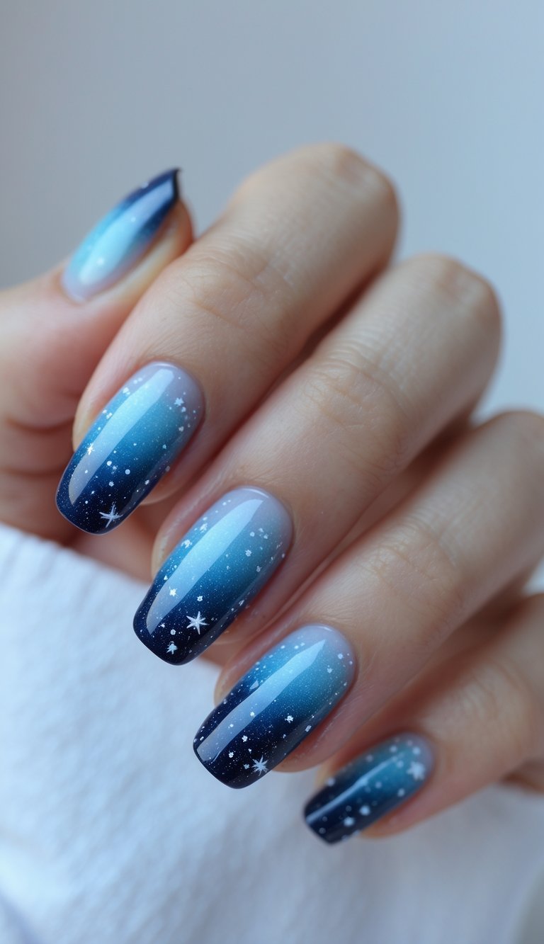 Close-up of one hand with blue ombre galaxy nail art on a white background.
