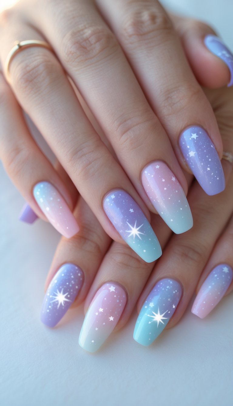 Close-up of one hand with pastel-colored galaxy-themed nails featuring small star designs against a white background.