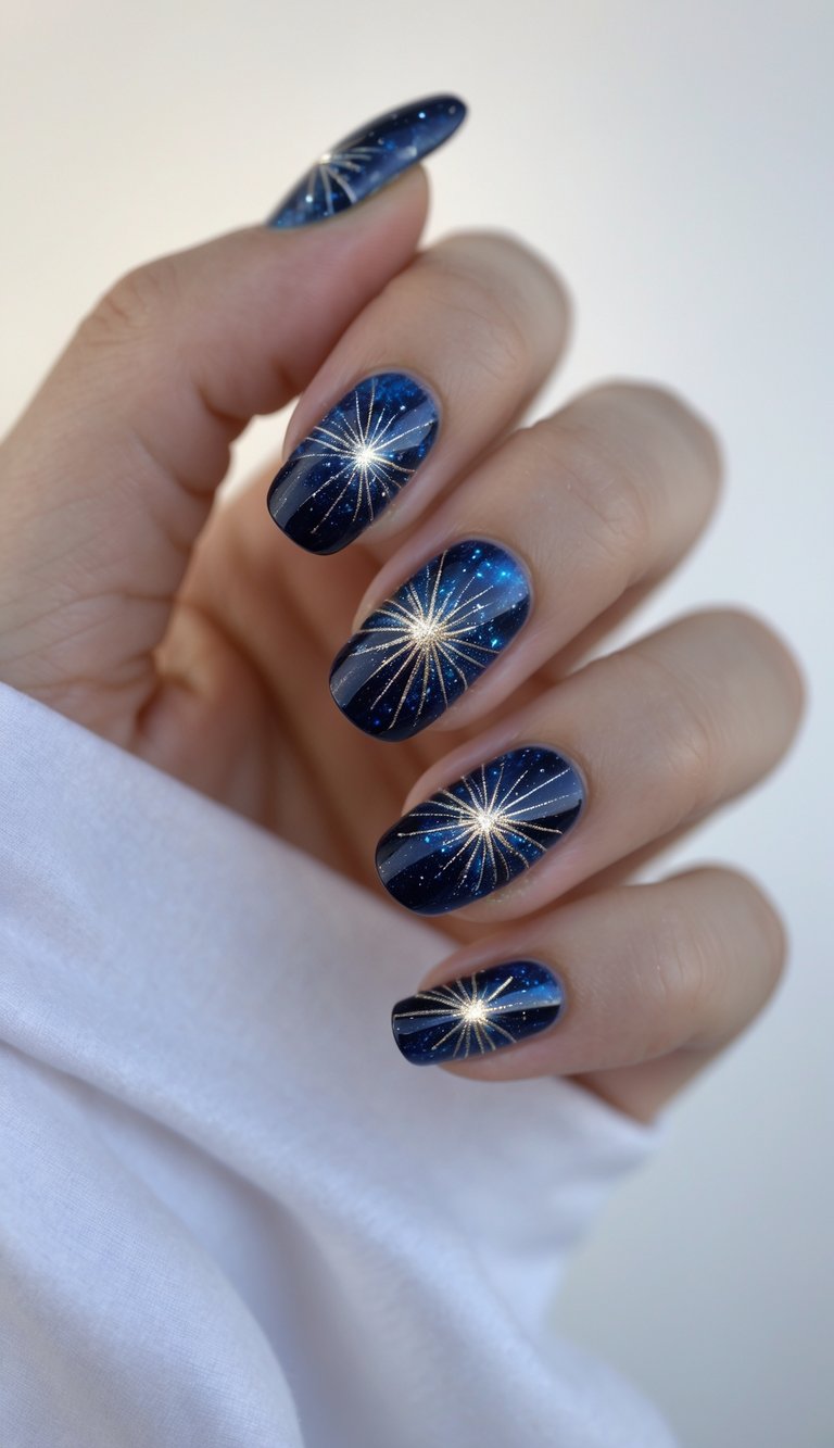 Close-up of one hand with navy blue galaxy-themed nails featuring starburst patterns on a white background.
